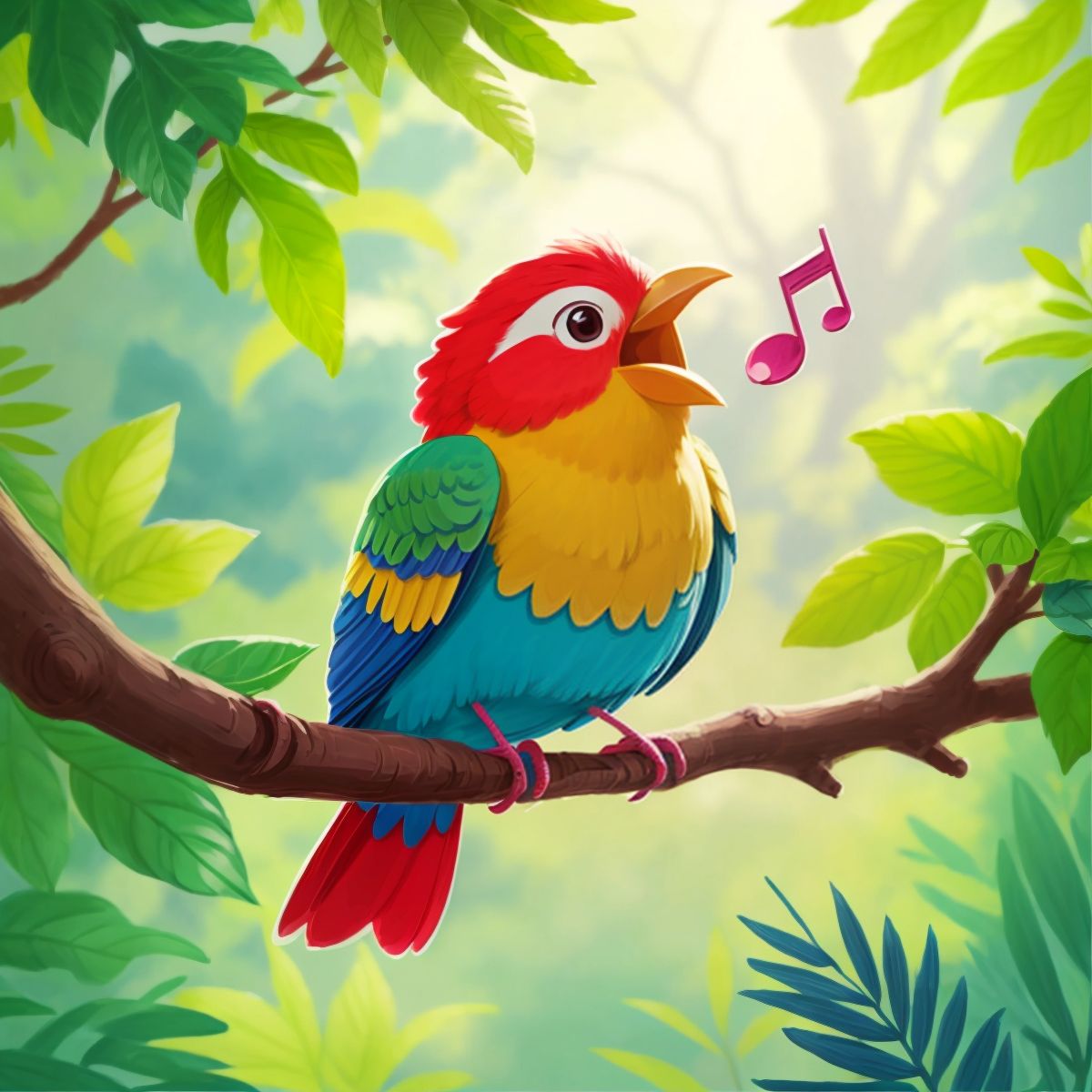 A colorful bird singing on a branch, with musical notes to indicate its song, in a lush forest setting.