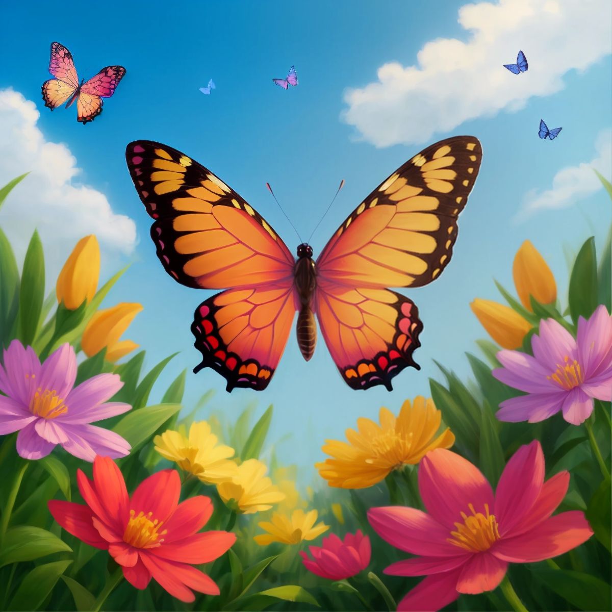 A delicate butterfly with shimmering wings flying among flowers, no children in the image.