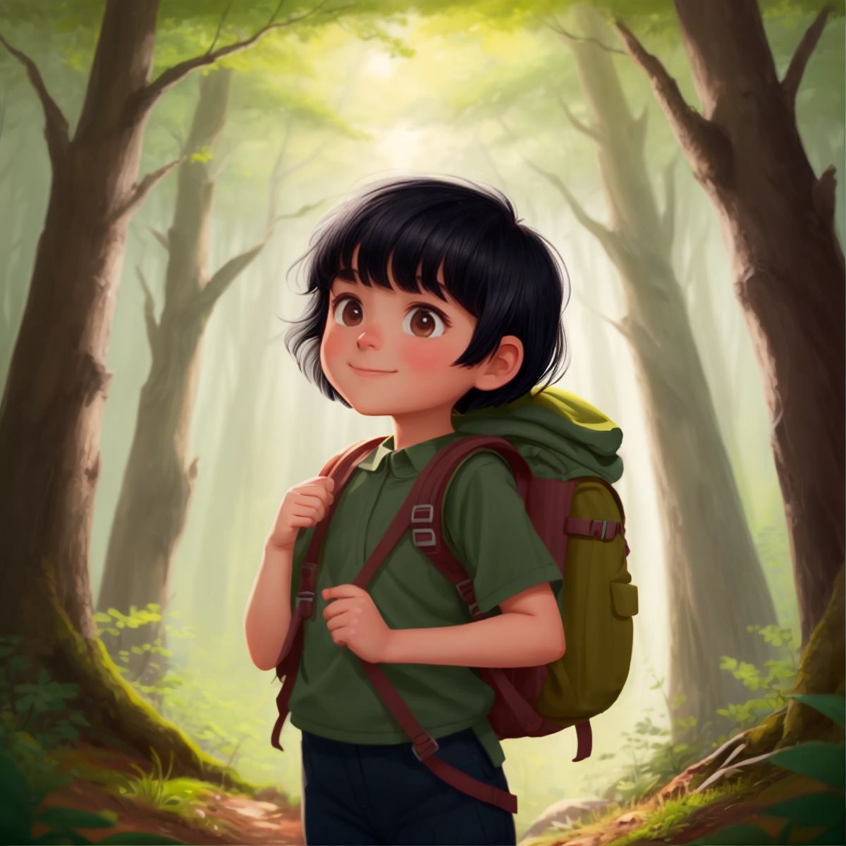 Eco with short black hair, standing at the edge of a forest with a backpack, looking excited.