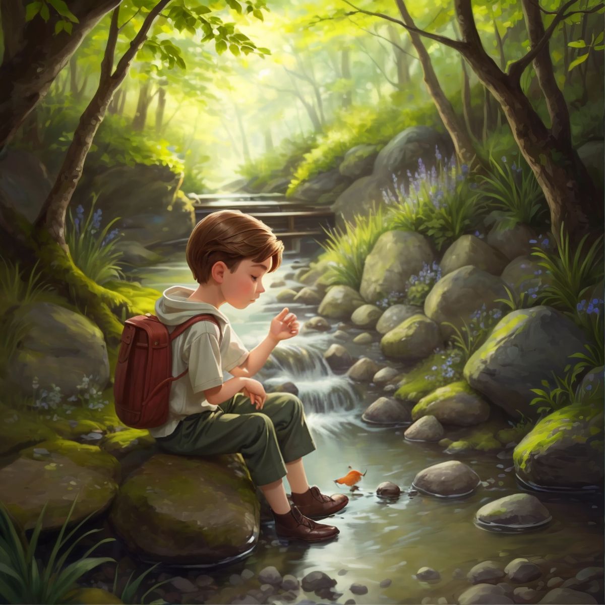 Eco sitting by a babbling brook, dipping his hand into the water, with small fish visible in the stream.