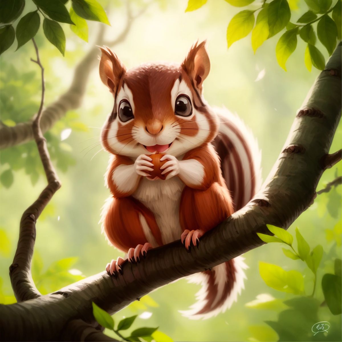 A mischievous squirrel hanging from a tree branch, looking directly at the viewer with a playful expression.