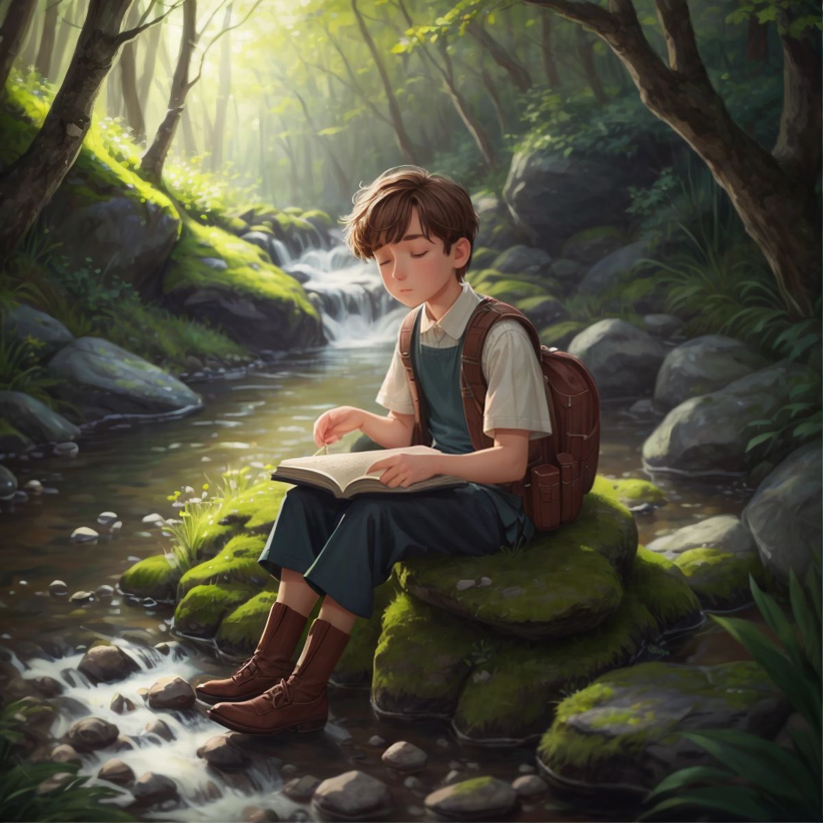 Eco sitting on a rock near the brook, with an open book on his lap, speaking to unseen friends.