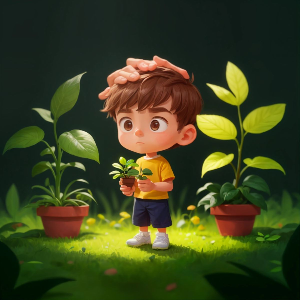 Eco holding a small plant in his hands, with a look of determination, surrounded by his friends (not in the image).