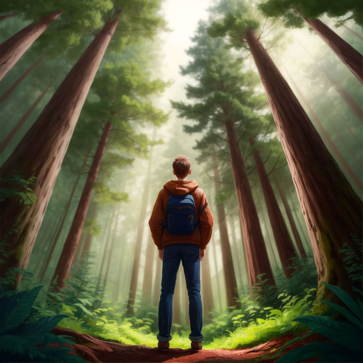 Eco standing with his back to the viewer, gazing up at the tall trees in the forest, conveying a sense of awe.