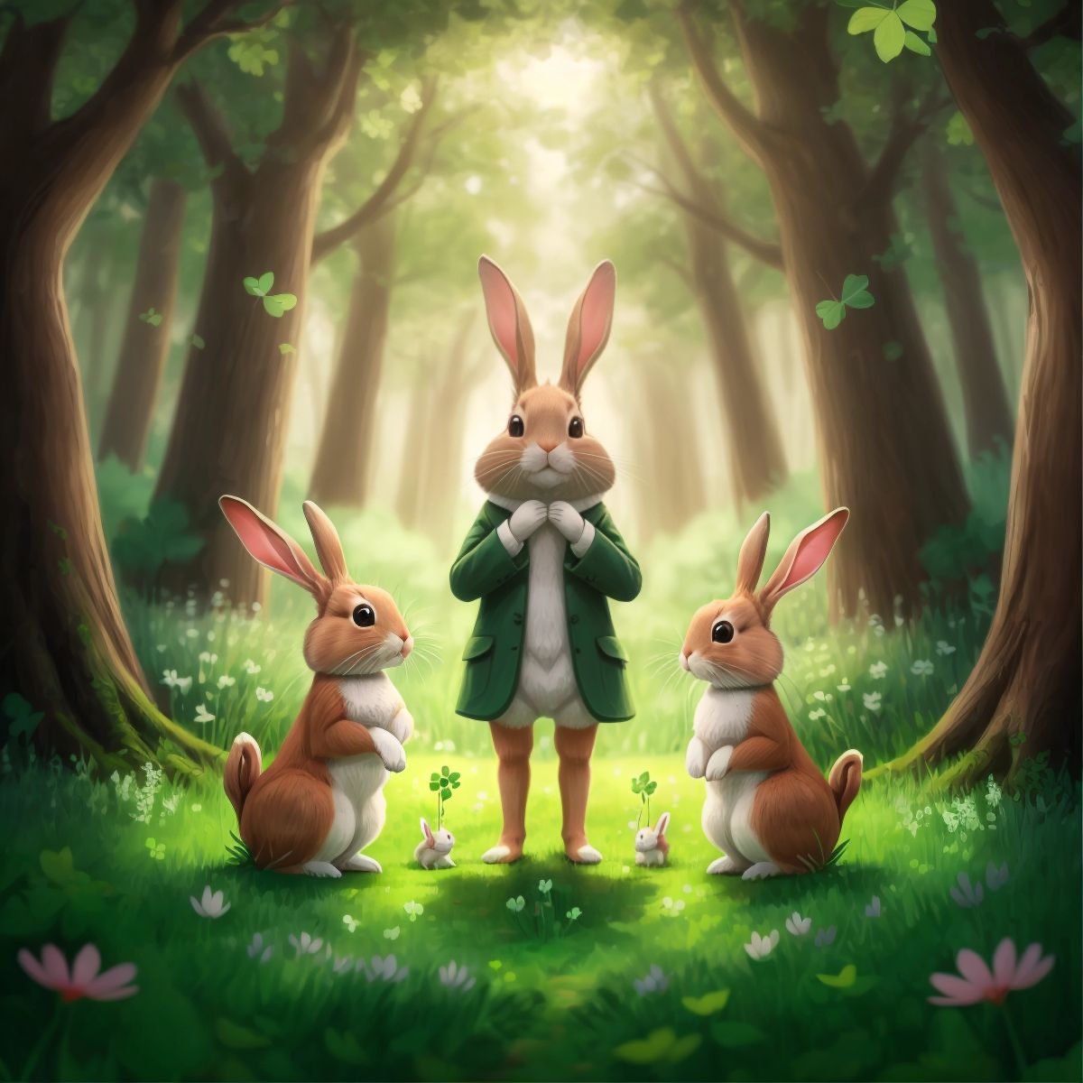 A family of rabbits in the forest, one standing on its hind legs, sniffing the air, in a clearing filled with clover.