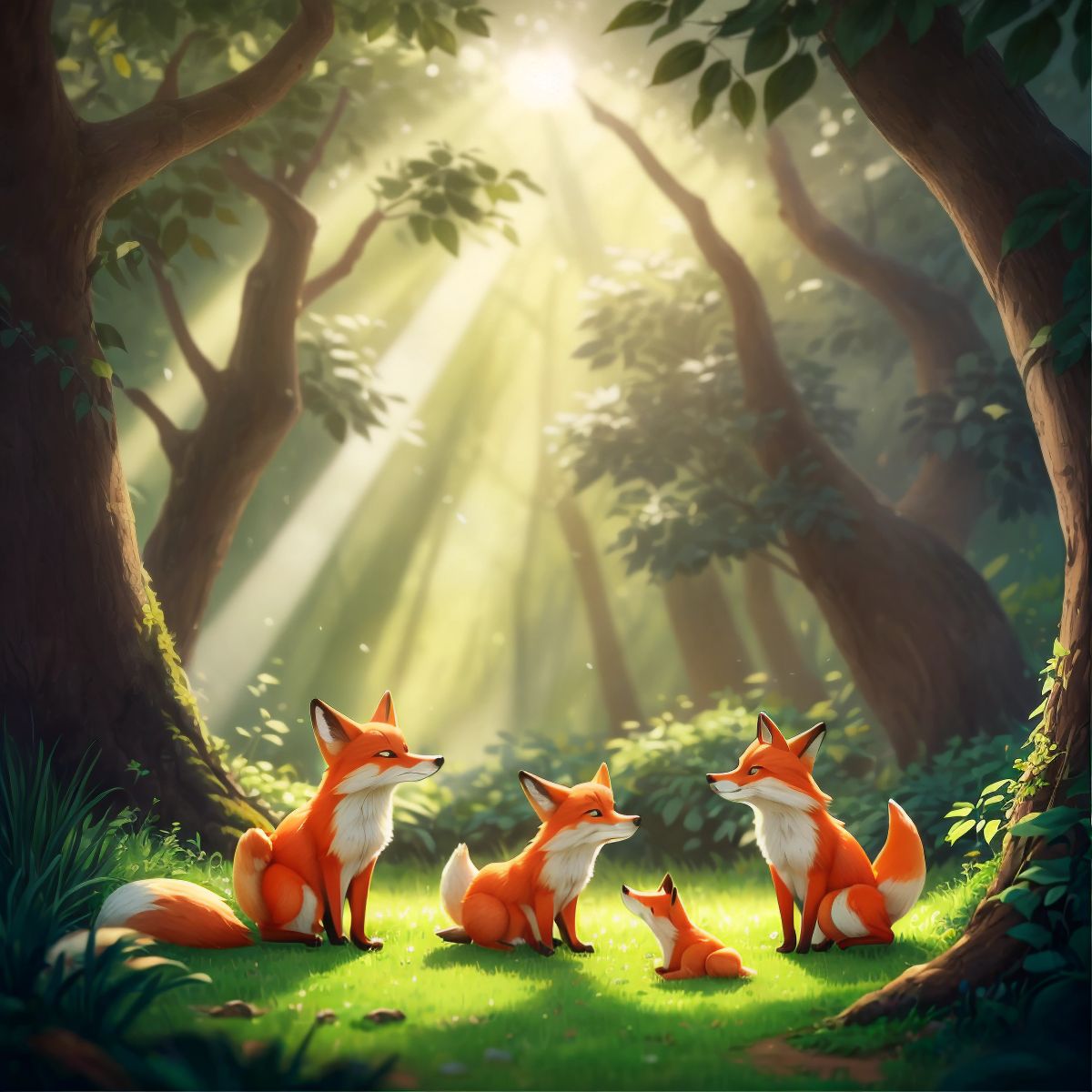 A fox playing with its cubs in a sunlit glade, with Eco and his friends observing from a distance, not in the image.