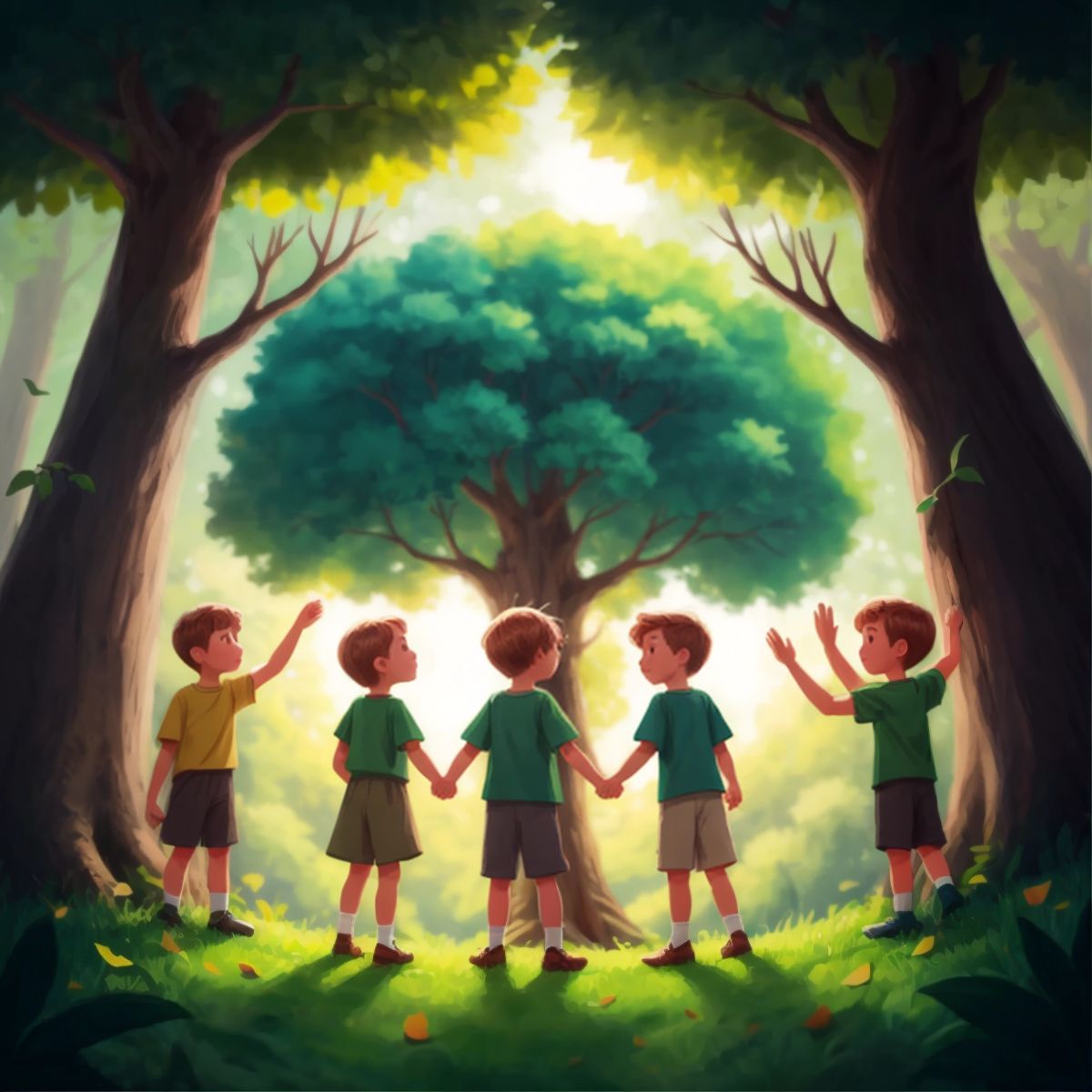 Eco and his friends (only Eco visible) holding hands in a circle around a tree, taking a pledge to protect nature.