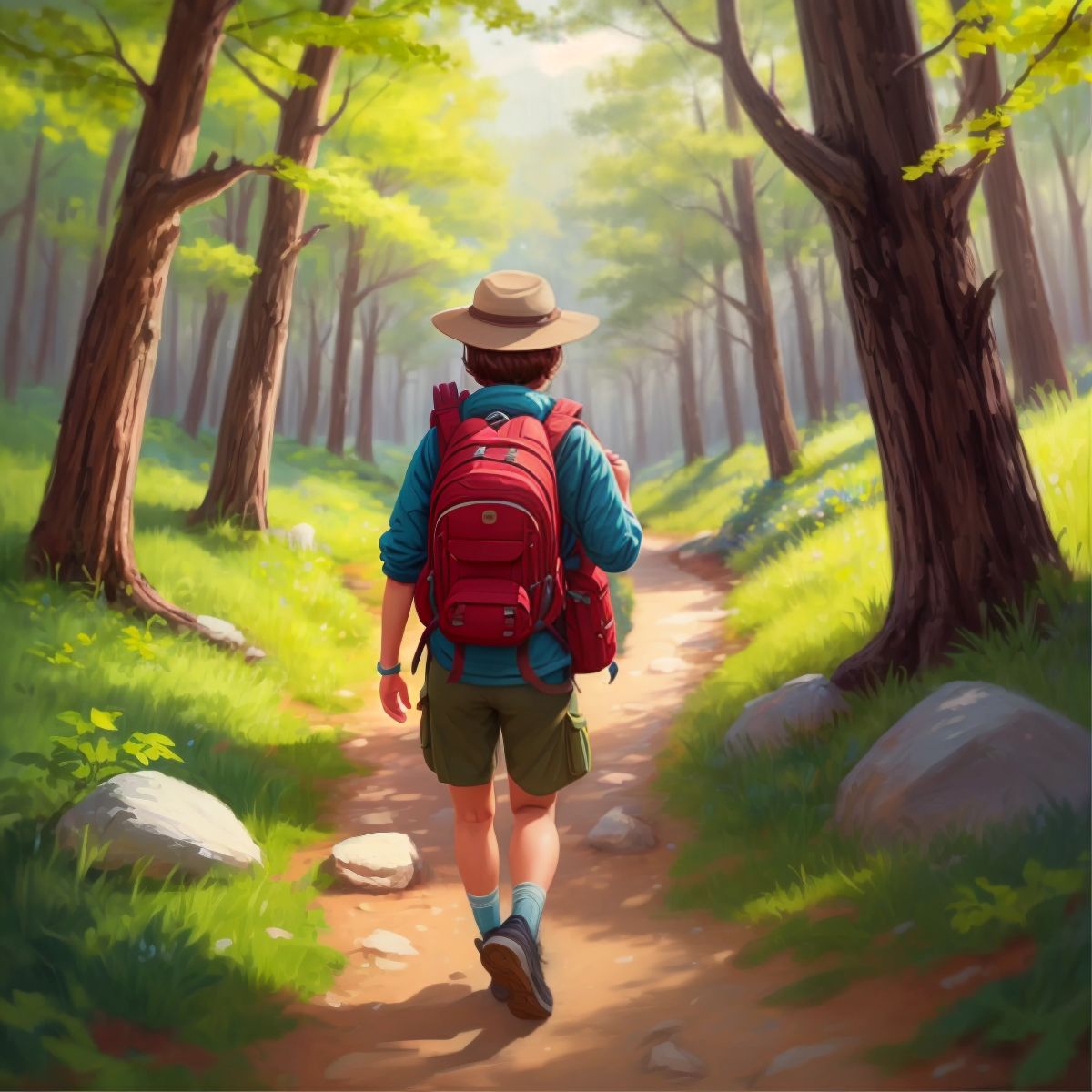 Eco with a backpack, stepping forward on a trail with excitement, ready for a new adventure.