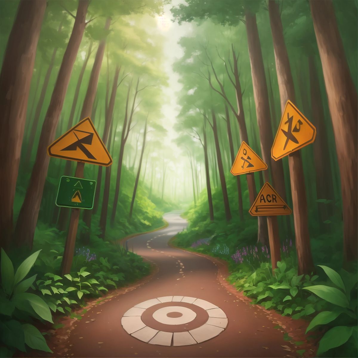 A winding forest path with signs pointing in different directions, implying a crossroad.