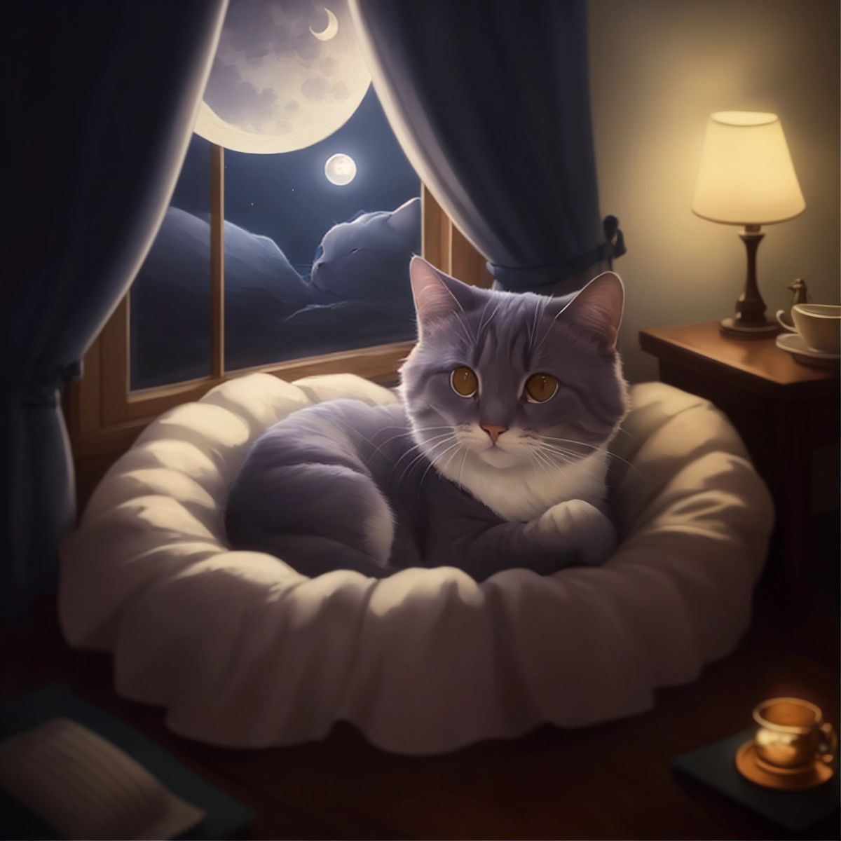 Whiskers the cat curled up in his cozy bed, with a nightcap on and the moonlight filtering through the window.