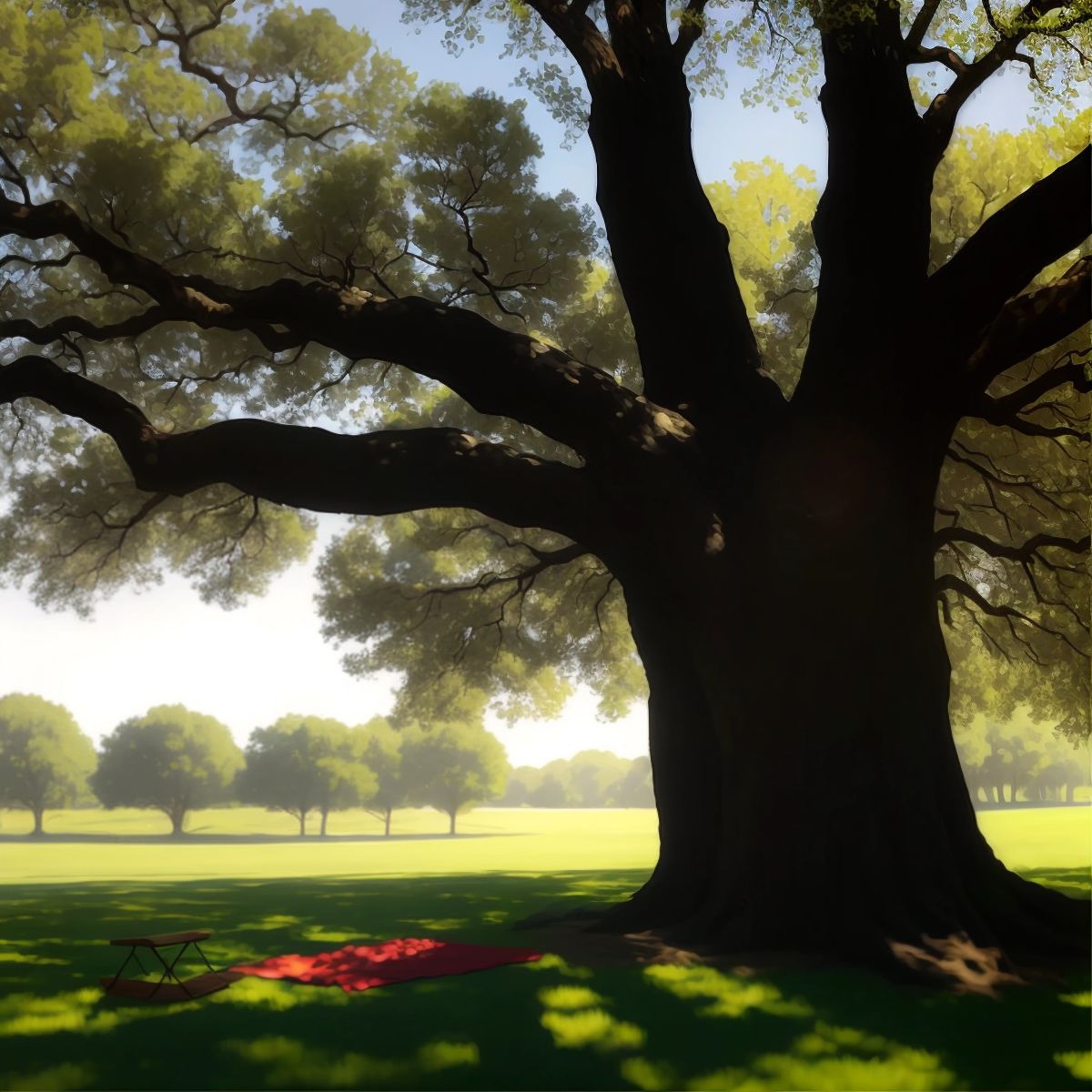 A big oak tree casting shade over an empty picnic blanket in the late afternoon sun.