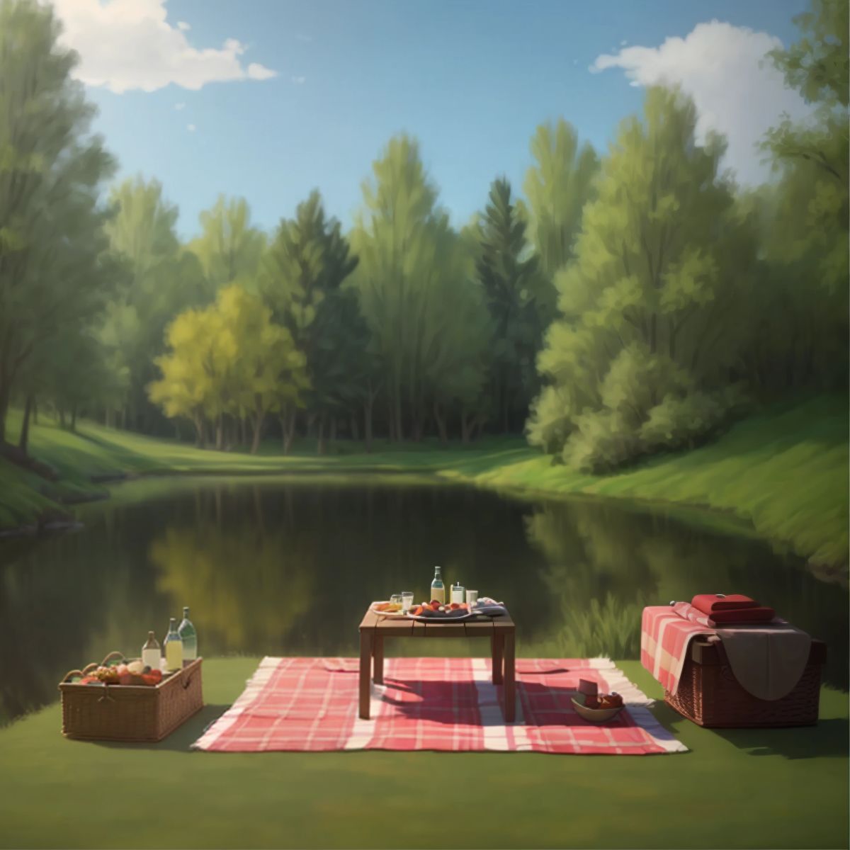 A picnic setup by a serene pond with no characters visible, just the blanket and picnic items.