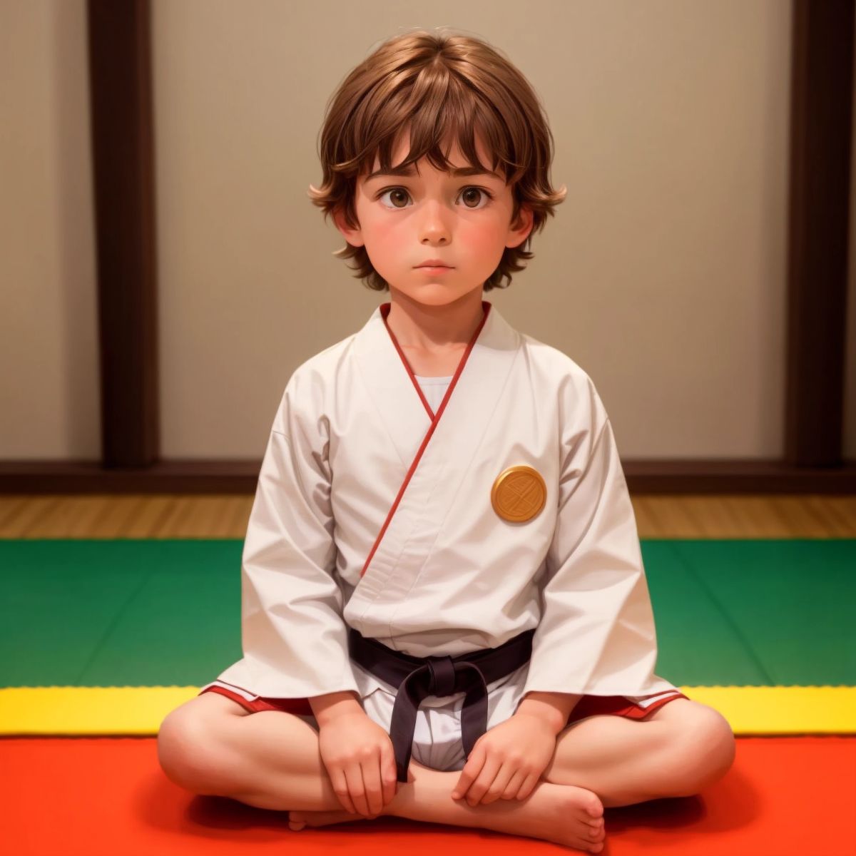 Logan sitting cross-legged in a dojo, listening attentively to his sensei who is out of frame.