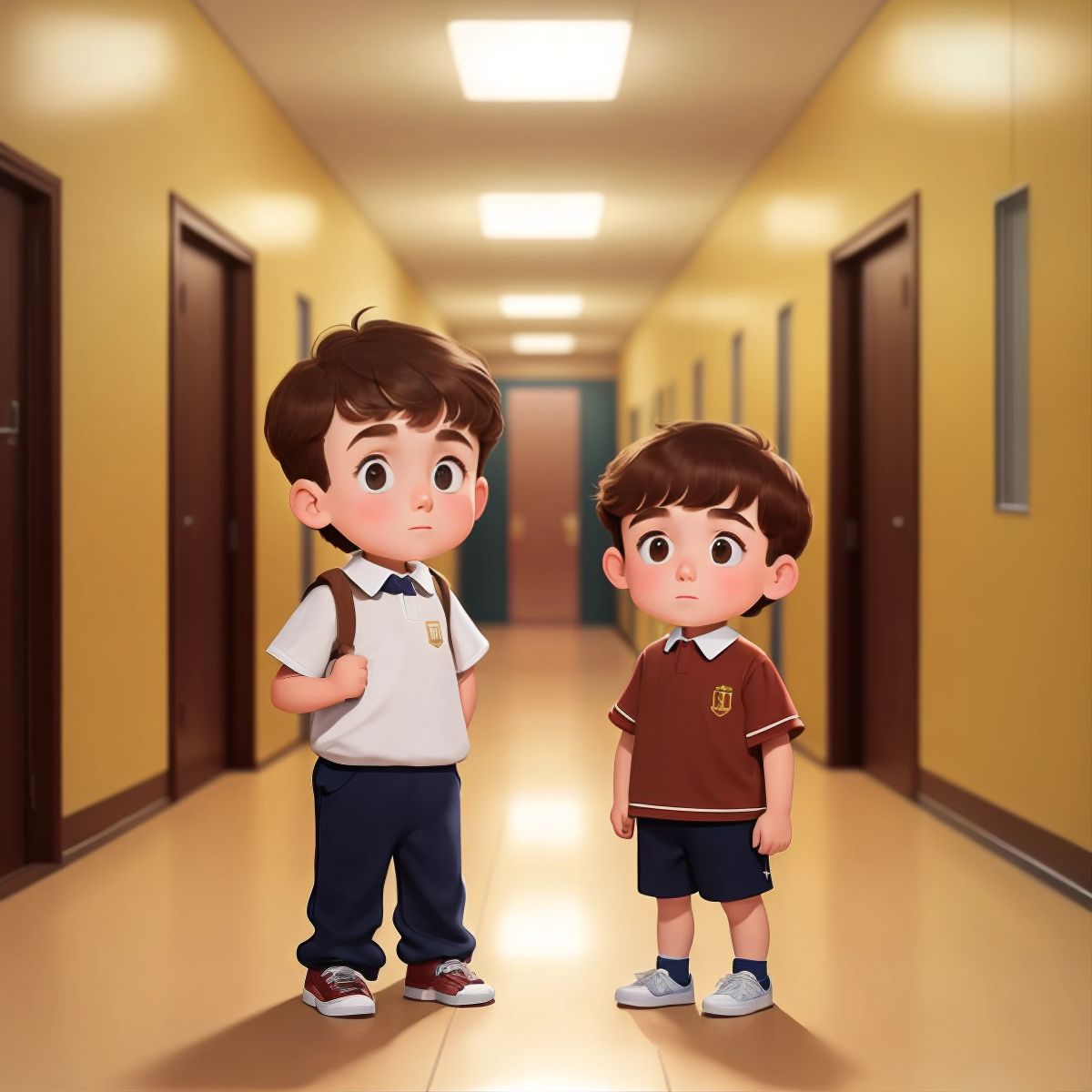 Logan standing confidently in the face of a larger bully, with a school hallway in the background.