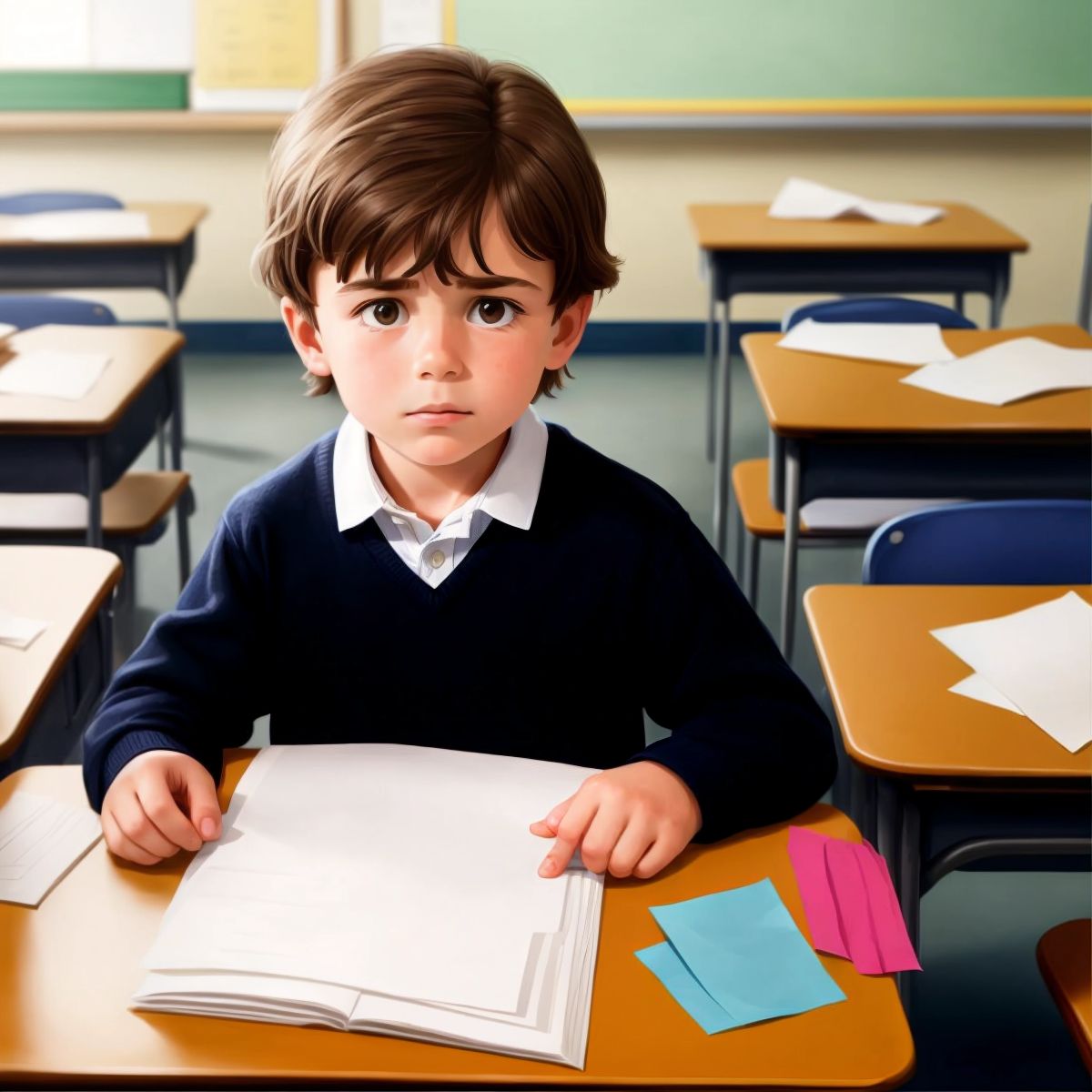 Logan looking upset with a background of a classroom with scattered papers and a frowning teacher.