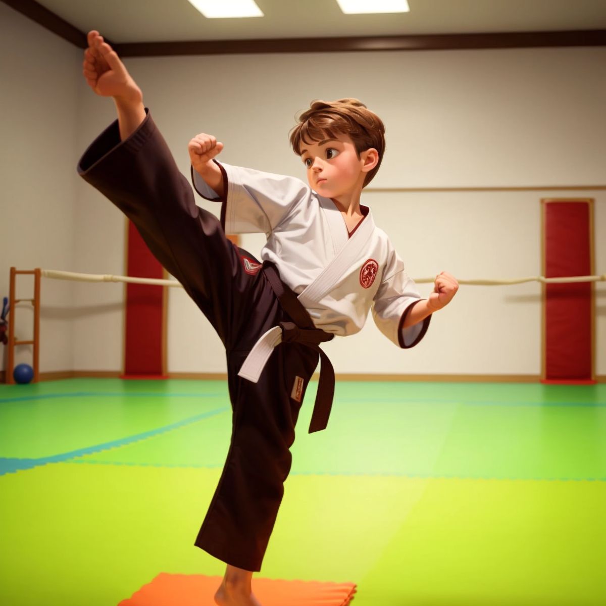 Logan in a karate uniform, practicing a high kick in a dojo with karate equipment in the background.