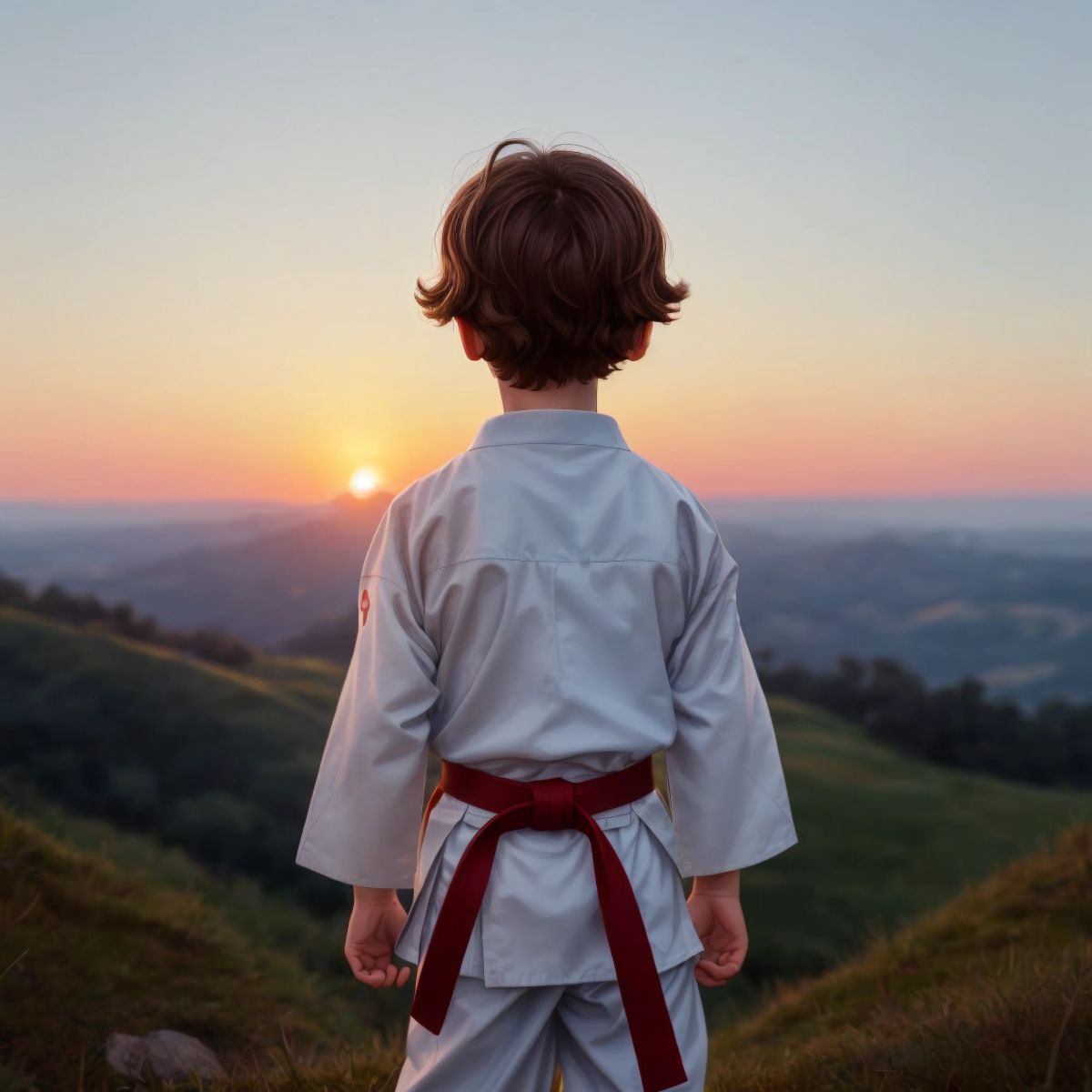 Logan looking into the sunset from a hilltop, dressed in his karate gi, symbolizing his ongoing journey.