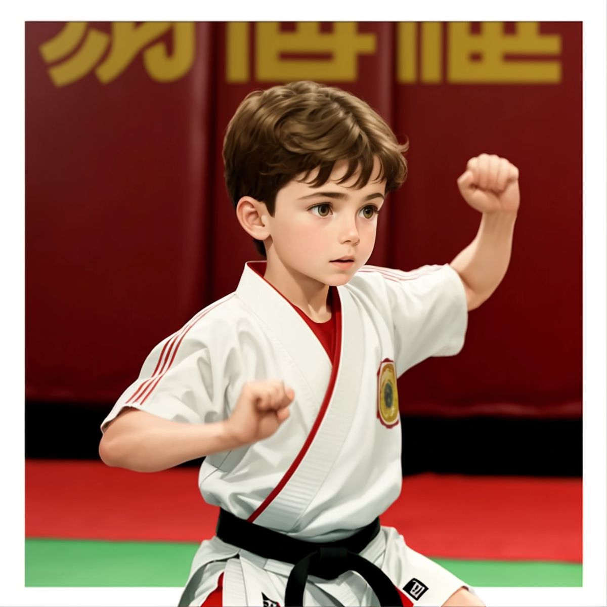 Logan practicing a kata with determination, with a poster of a karate tournament in the background.