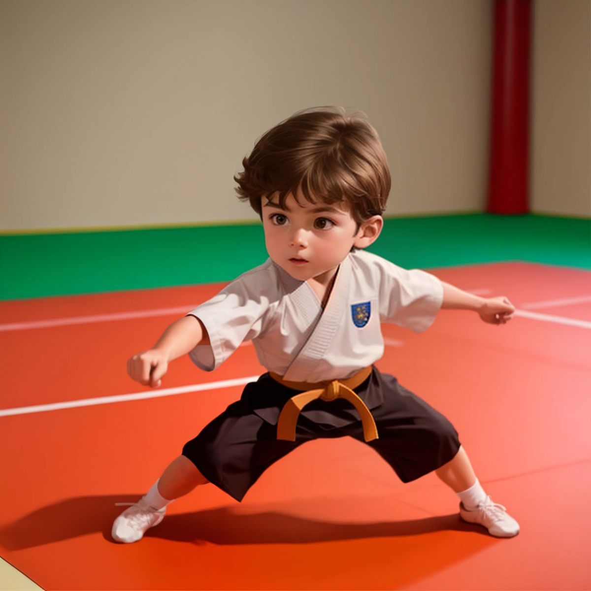 Logan in mid-competition, executing a precise karate move on the tournament mat.