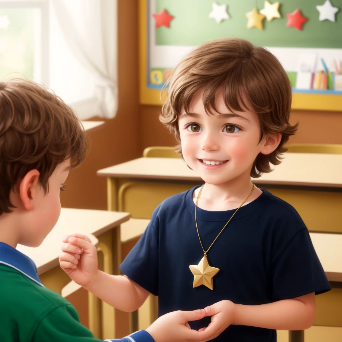 Logan receiving a gold star from his teacher in a cheerful classroom setting.