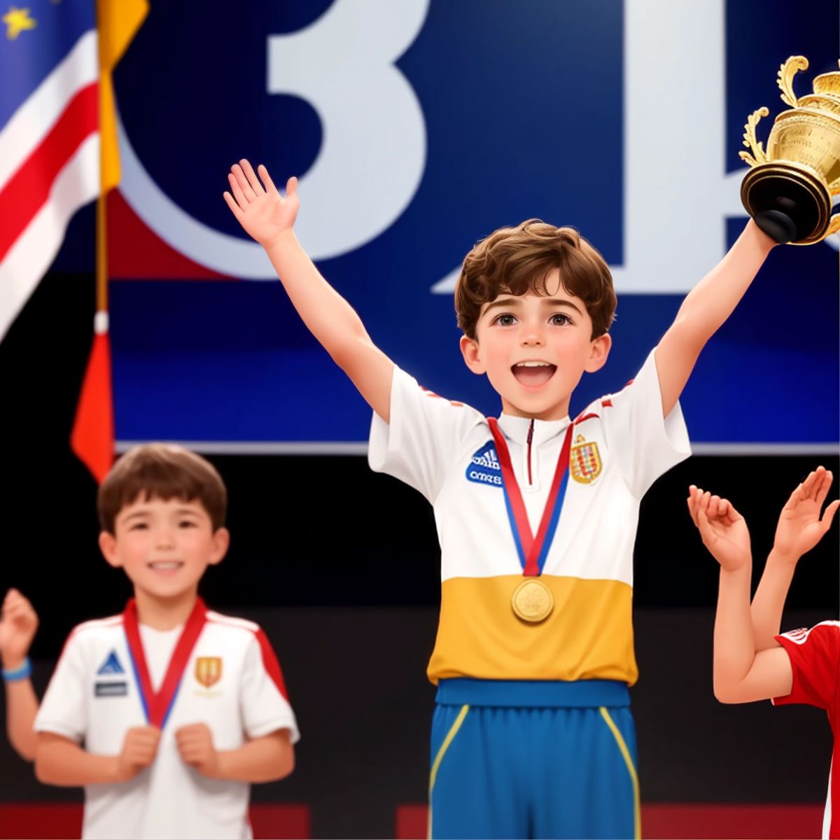 Logan standing on the winner's podium with a trophy, with his parents cheering in the background.