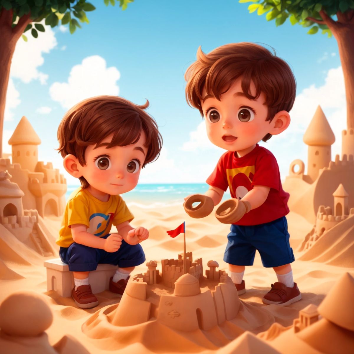 Logan and the former teaser boy building a sandcastle together in the sandbox.