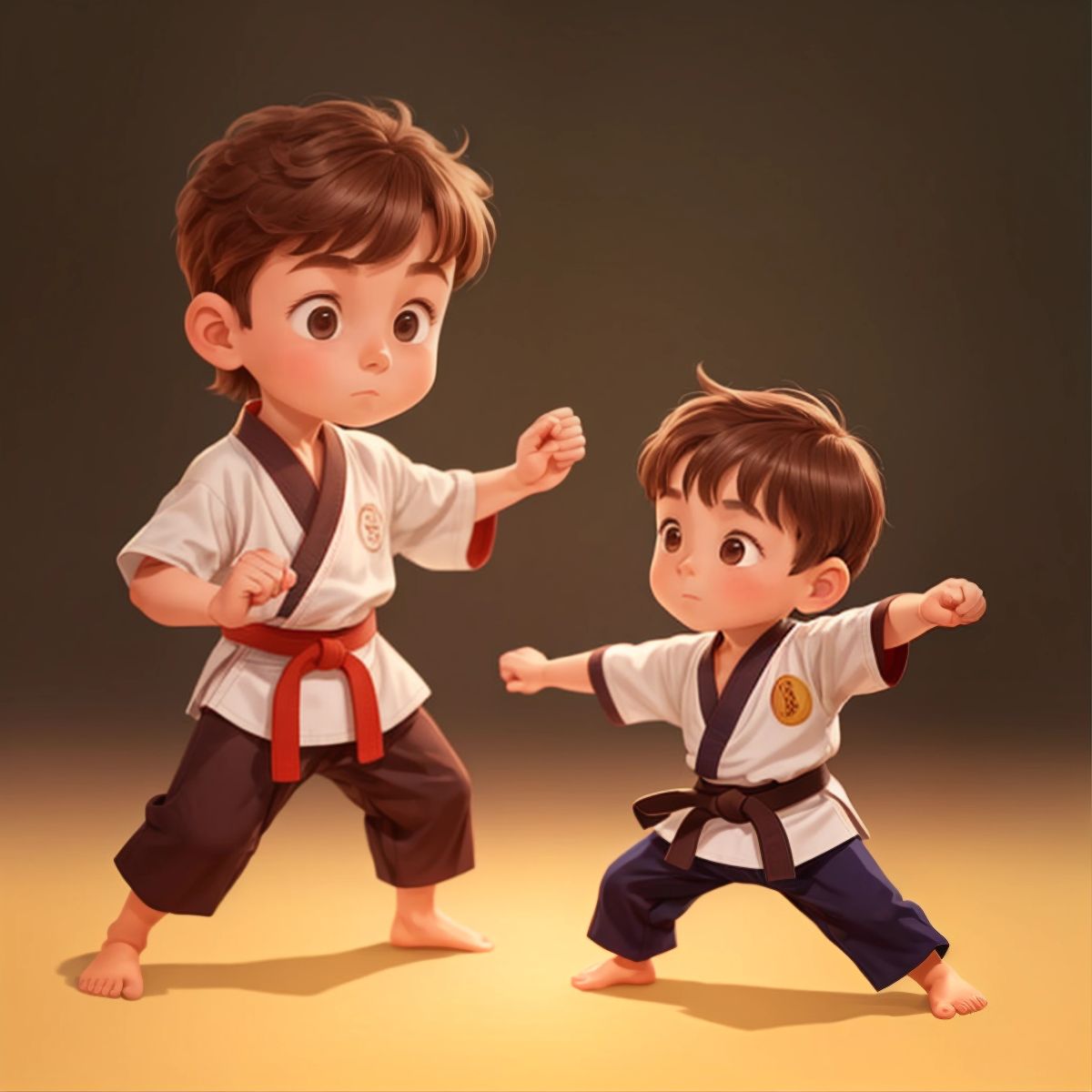 Logan teaching a younger child a karate stance, embodying the spirit of a sensei.