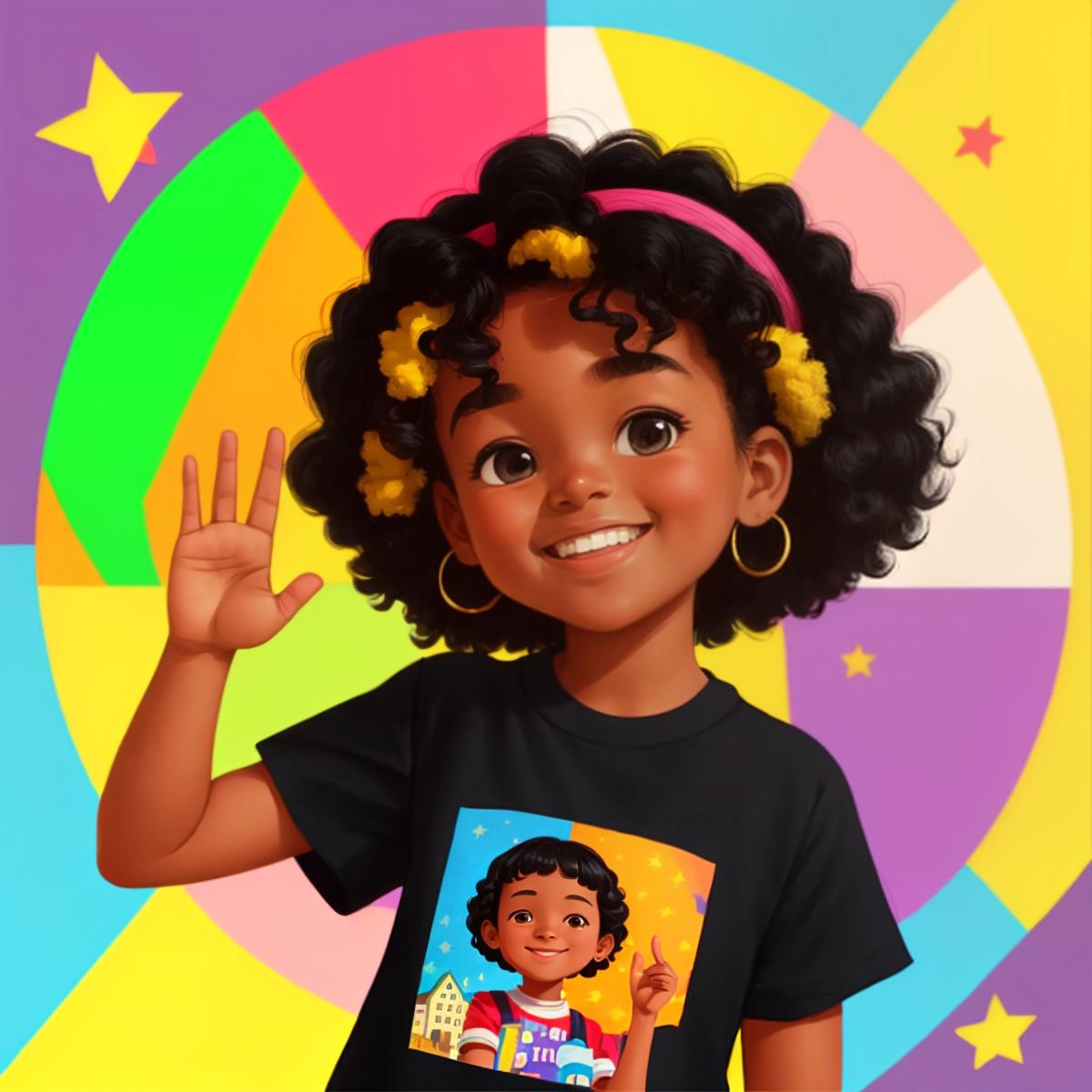 Sunshine, a girl with a bright smile, using sign language in front of a colorful backdrop of her town.