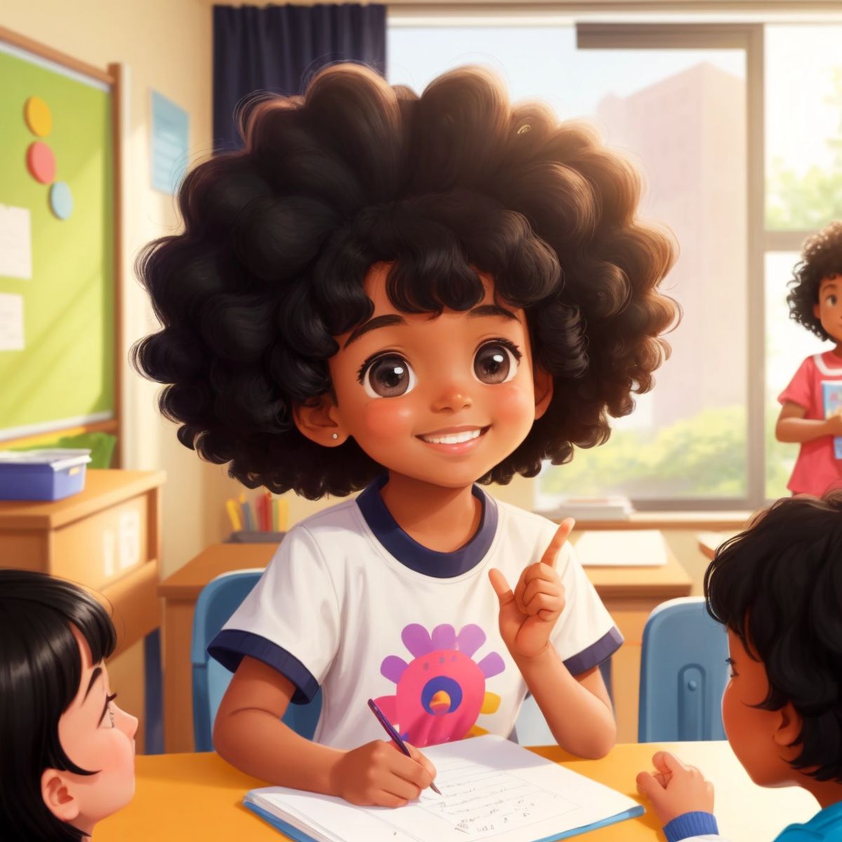 Sunshine, with a proud smile, watching a child's hands forming a sign language letter, with a classroom setting in the background.