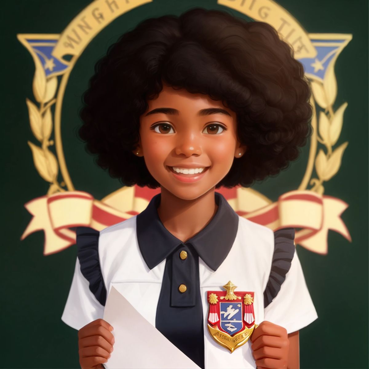 Sunshine holding an invitation with the school's emblem, her face expressing joy and anticipation.