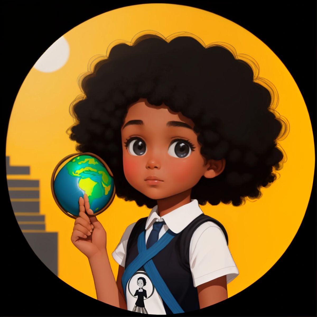 A determined Sunshine with a globe in the background, symbolizing her dream to teach the world sign language.