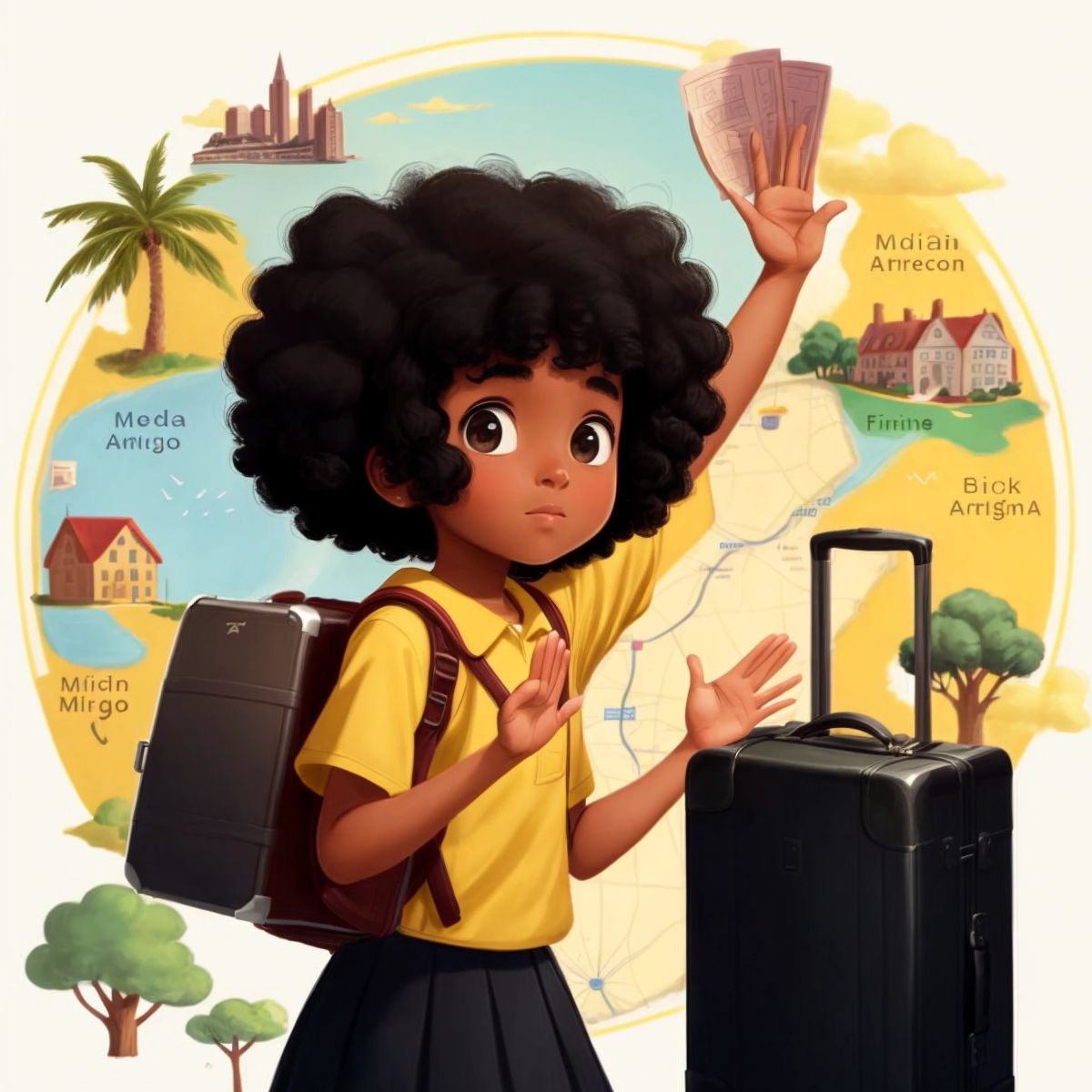 Sunshine with a suitcase, waving goodbye to her family, ready to embark on her journey, with a map and various town names in the background.