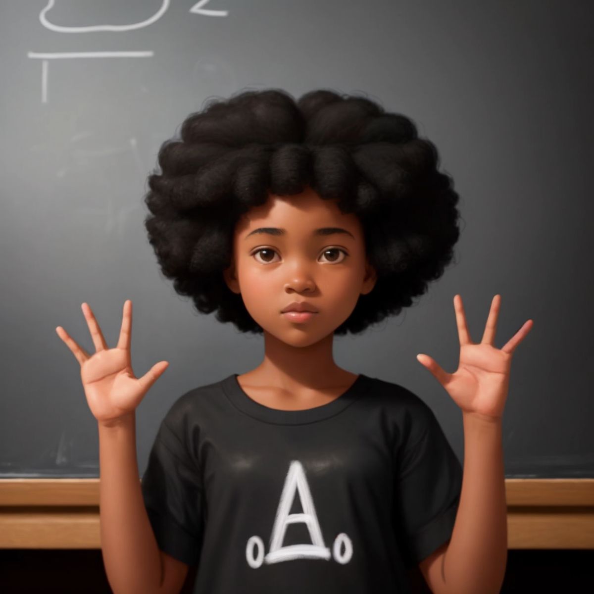 Sunshine in front of a chalkboard showing the sign for 'A', with the children's attention suggested by their hands in the foreground trying to mimic the sign.