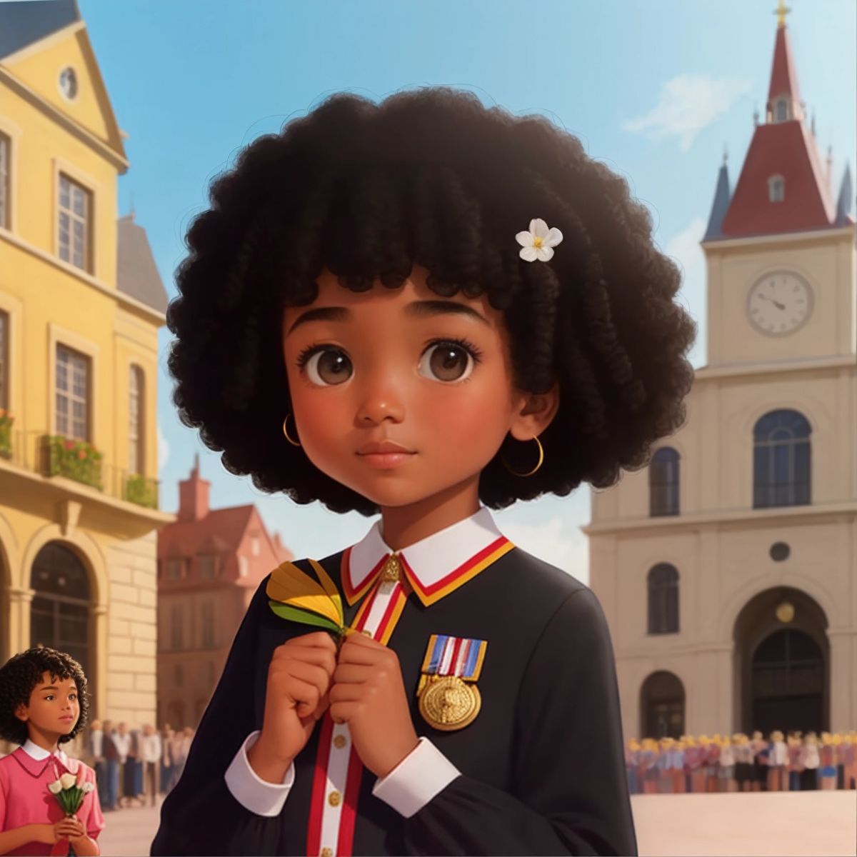 Sunshine, slightly blushing, receiving flowers and a medal from a figure representing the mayor, with the town square in the background.