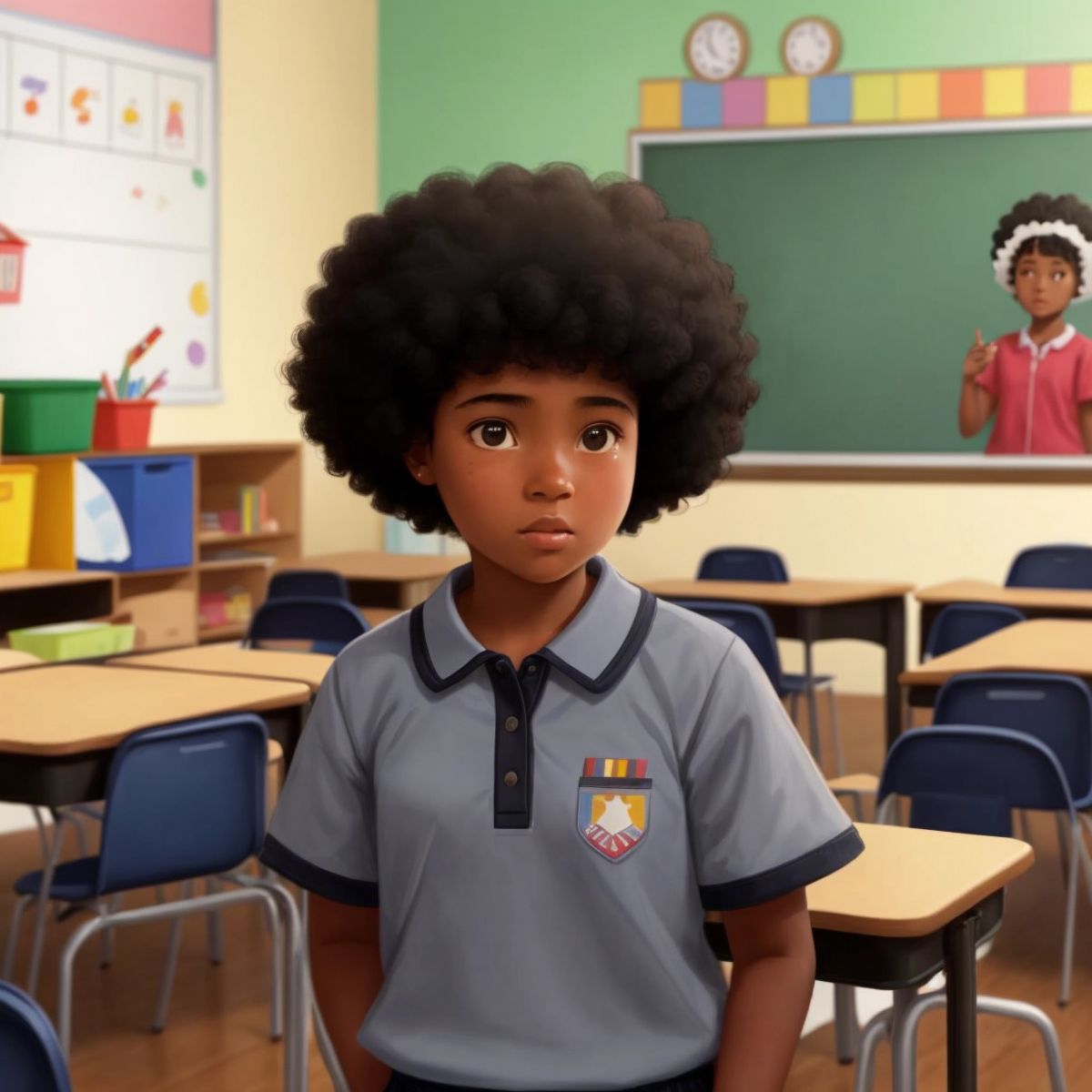 Sunshine speaking to a kindergarten teacher, with empty children's chairs in the background, suggesting her anticipation to teach.