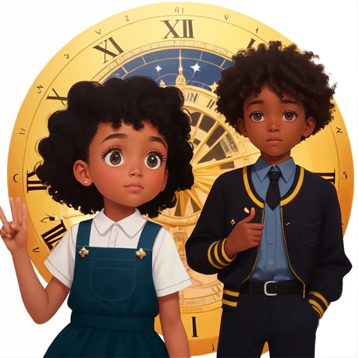 Kid with a sparkle in his eyes, looking at Sunshine who is gesturing the concept of time using sign language, with a clock tower in the distance.