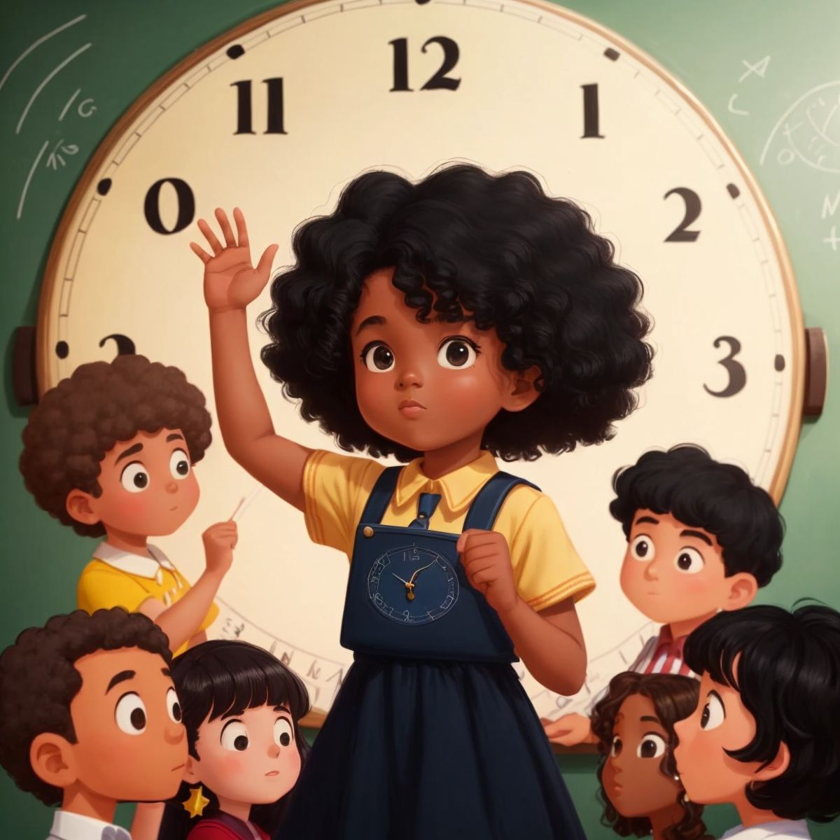 Sunshine and Kid teaching a group of townspeople sign language, with a clock drawn on a chalkboard in the background.