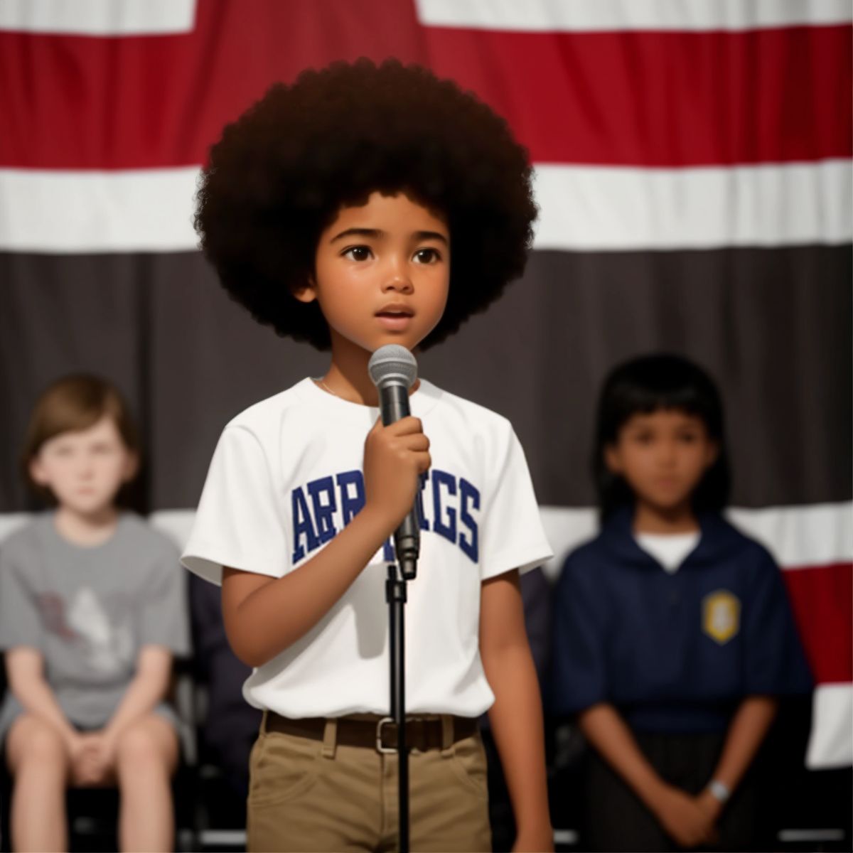 Kid giving a speech in front of the crowd, with Sunshine watching him proudly from the front row.