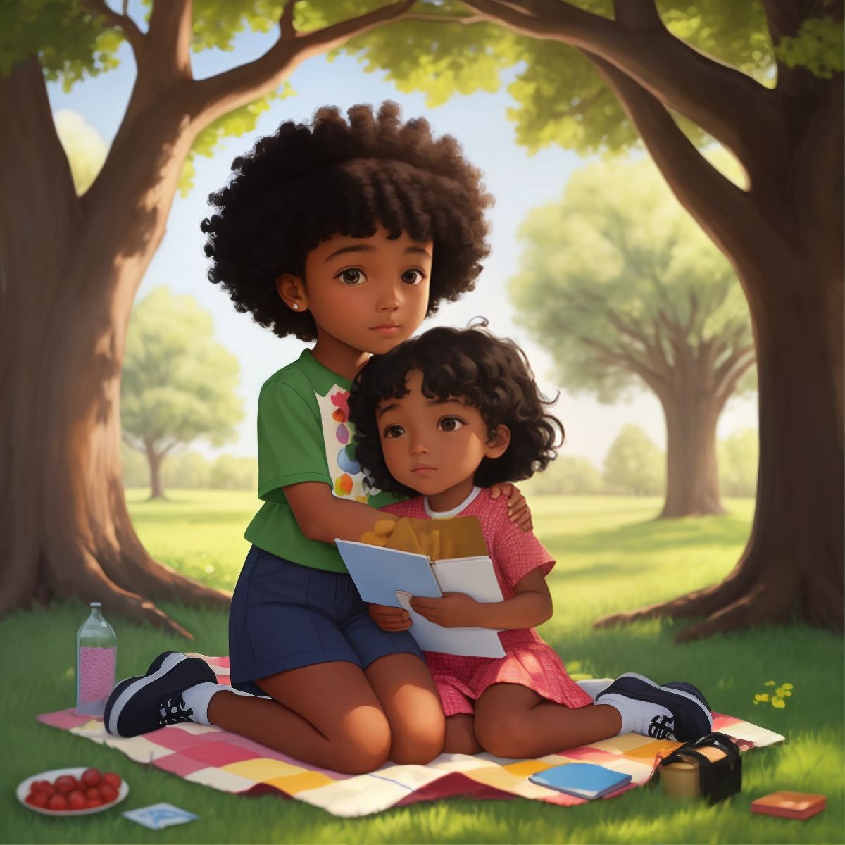 Sunshine and Kid sharing a heartfelt hug under the oak tree, with a scrapbook of their memories on a picnic blanket.