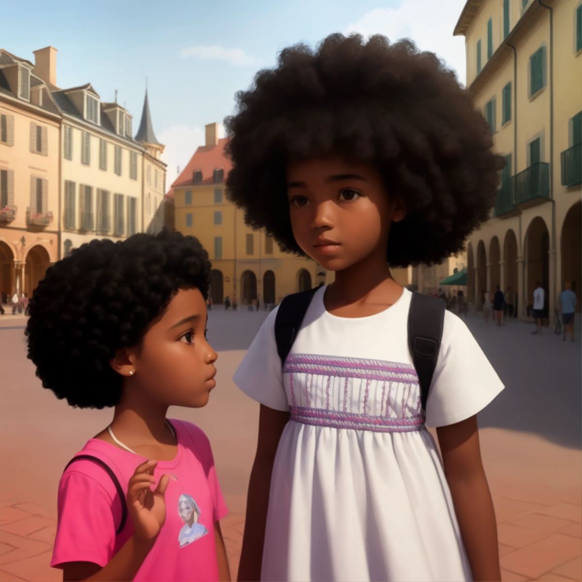 Sunshine using sign language to communicate with Kid, who looks intrigued, in the town square with buildings in the background.