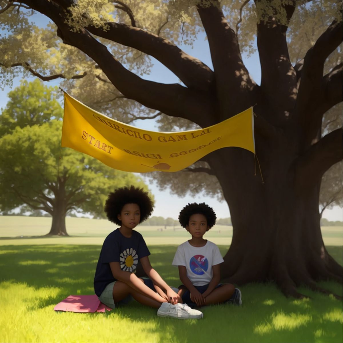 Sunshine and Kid sitting under the oak tree, with a banner in the background that reads 'Sign Language Workshop'.