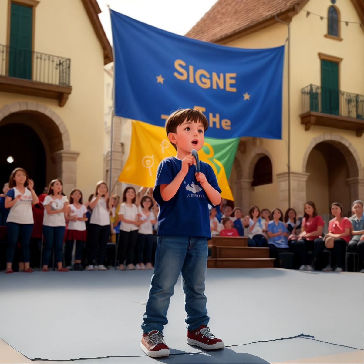 Kid performing sign language on a small stage in the town square, with a banner that reads 'Sign Language Performance'.