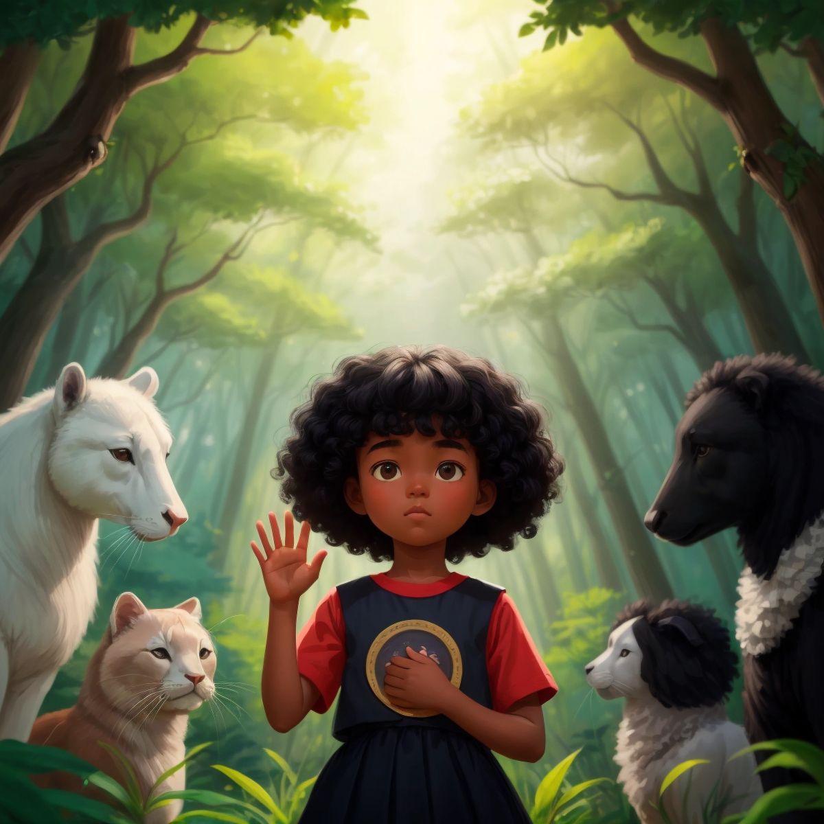 A serene image of Sunshine surrounded by animals in a peaceful forest, all using sign language.