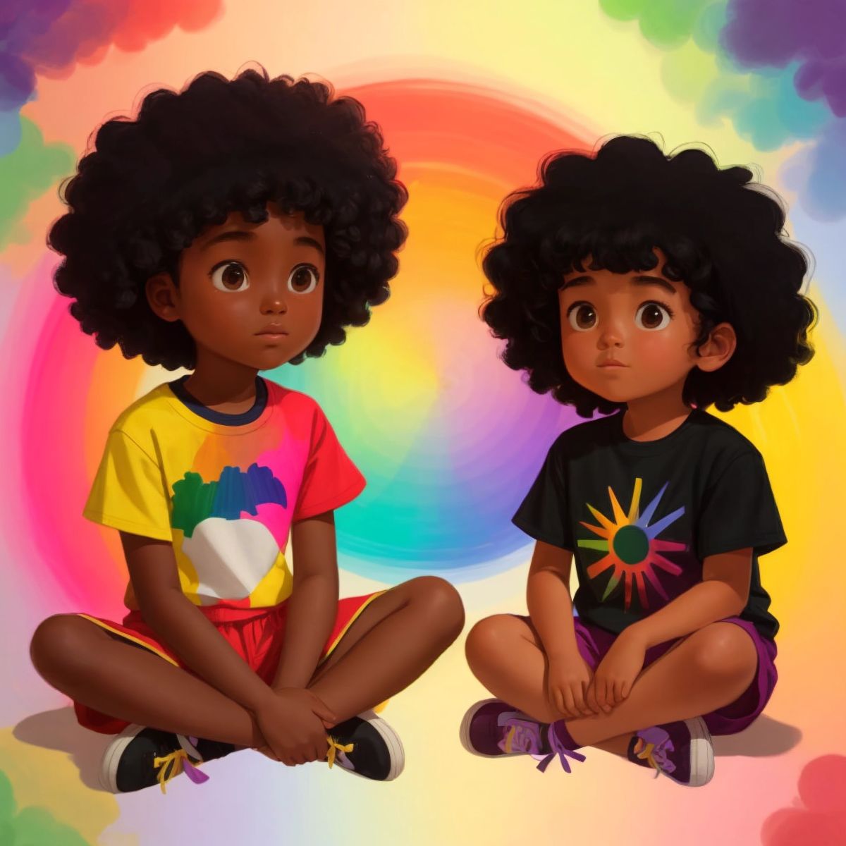 Kid 1 and Sunshine sitting together, surrounded by a colorful aura symbolizing their strong friendship.