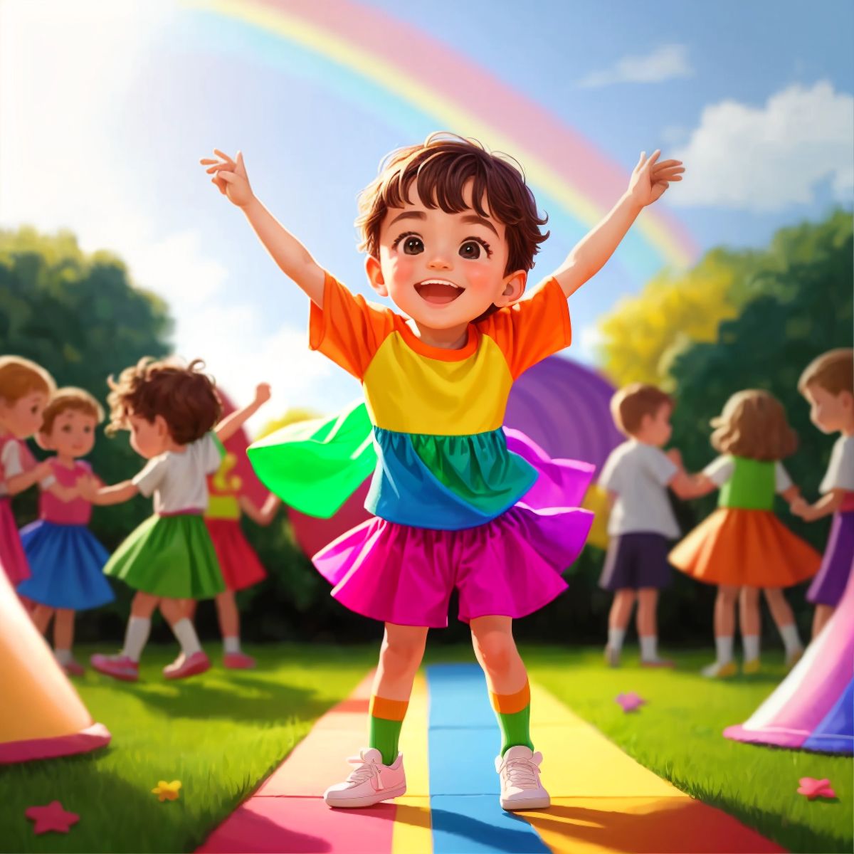 Kid 1 dancing in colorful clothes at the rainbow-themed party in the garden.