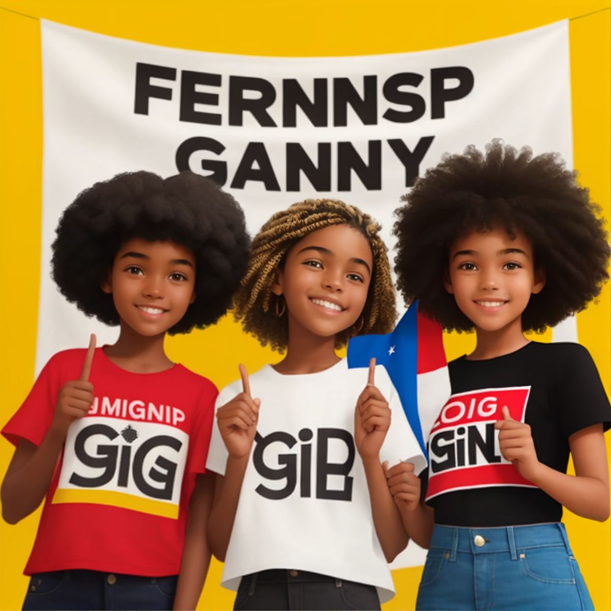 Sunshine and her friends in a group, all smiling and signing 'friendship', with a banner that reads 'Sign Language Day'.