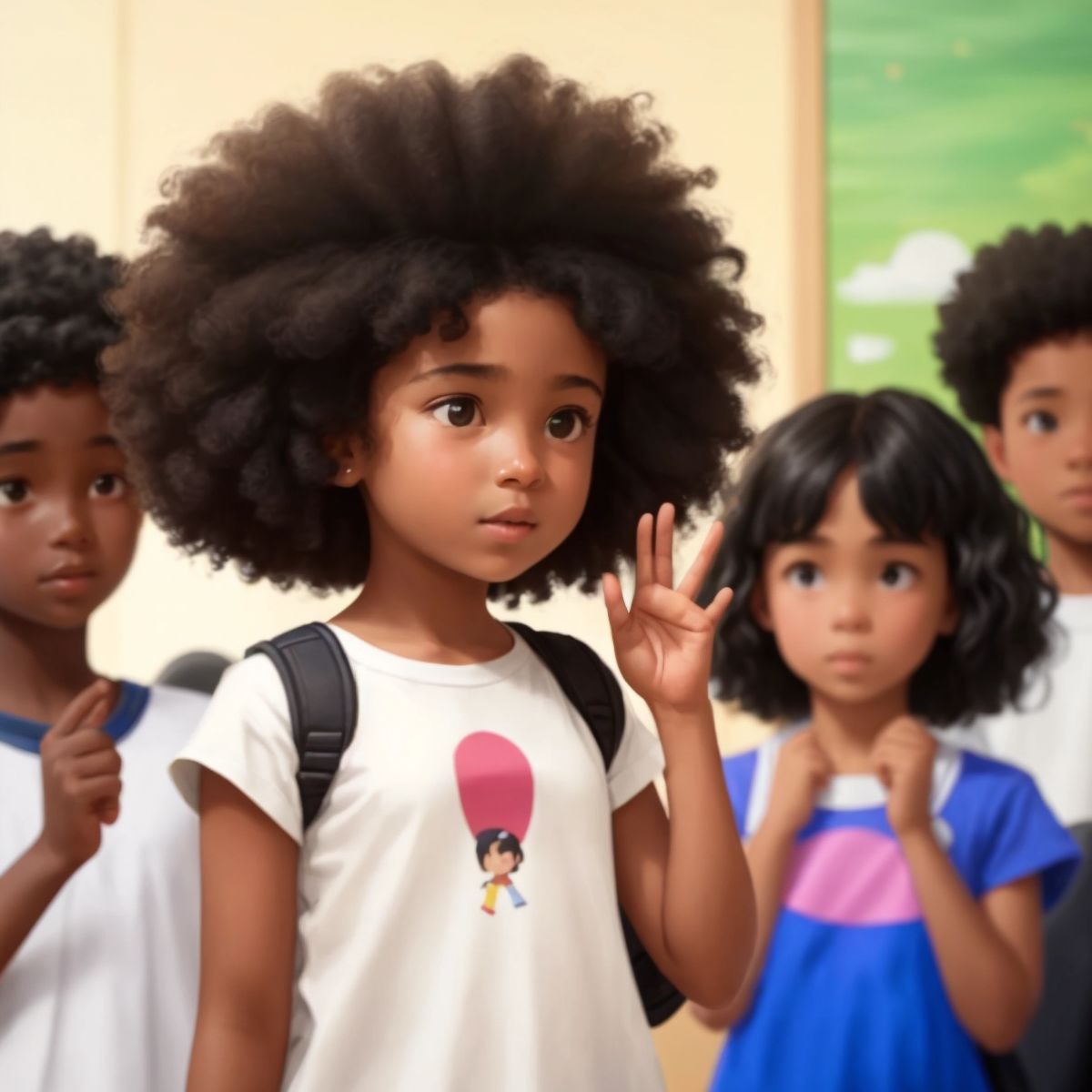 A child using sign language to communicate with other kids, with Sunshine watching proudly in the background.