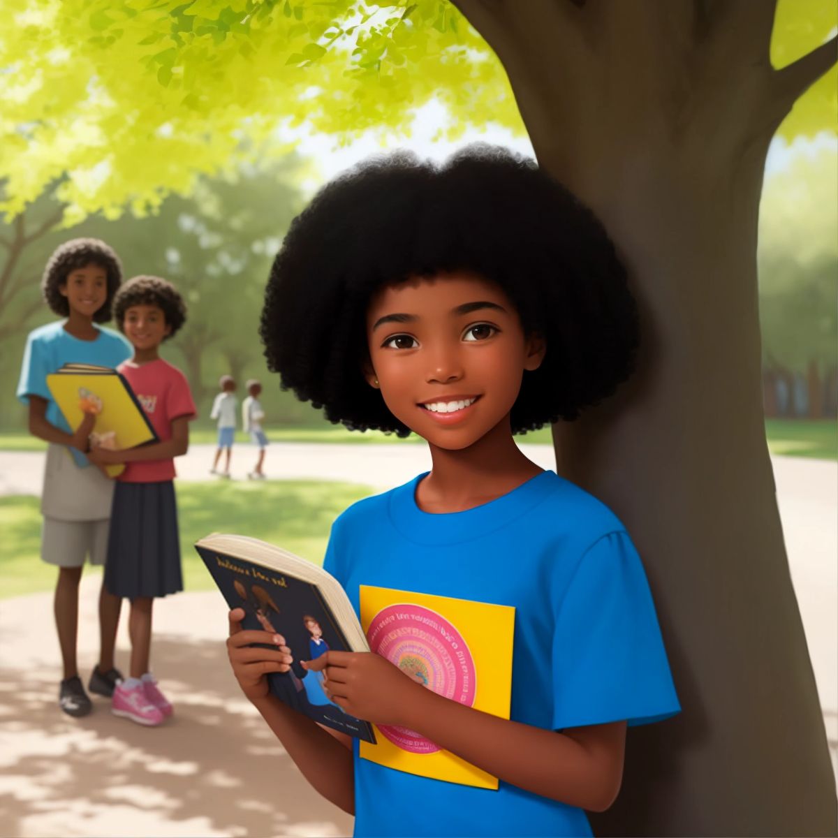 Sunshine, a cheerful girl with a bright smile, holding a sign language book under a tree with kids playing in the background.