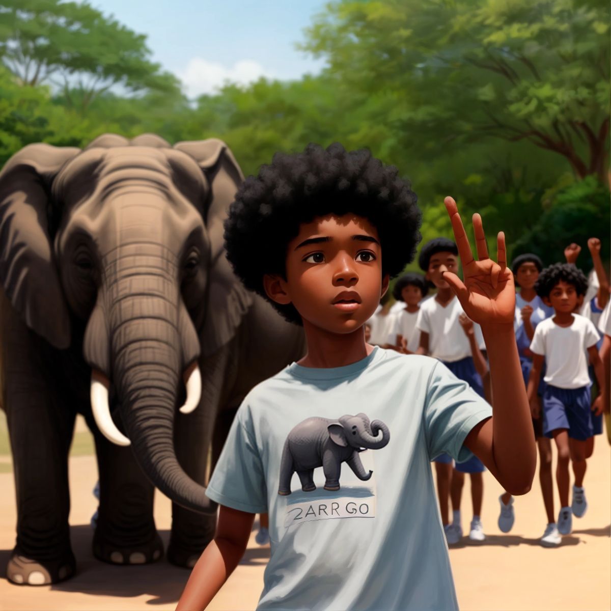 Sunshine leading his classmates at the zoo, signing the word for 'elephant' with an elephant in the background.