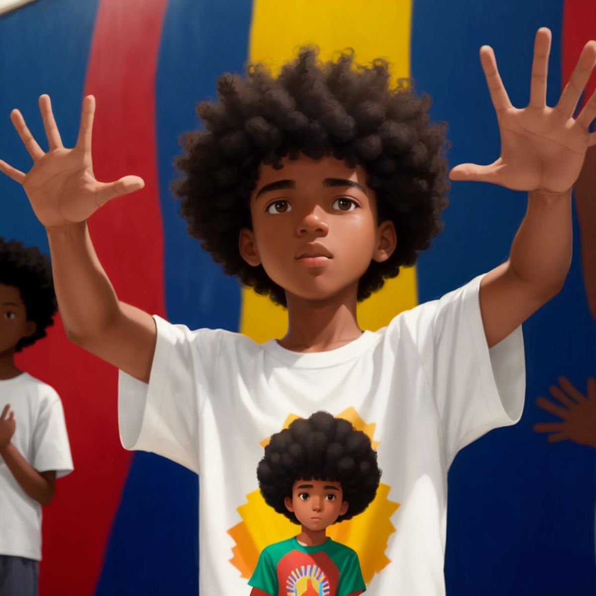 Sunshine standing with open arms, a mural of diverse hands signing behind him symbolizing unity.
